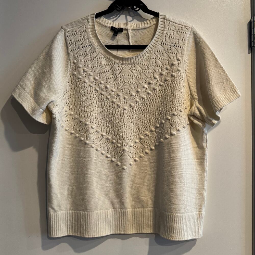 New Talbots Knitted Top White Cream Ribbed Hem Back Button Short Sleeve Sz 1X